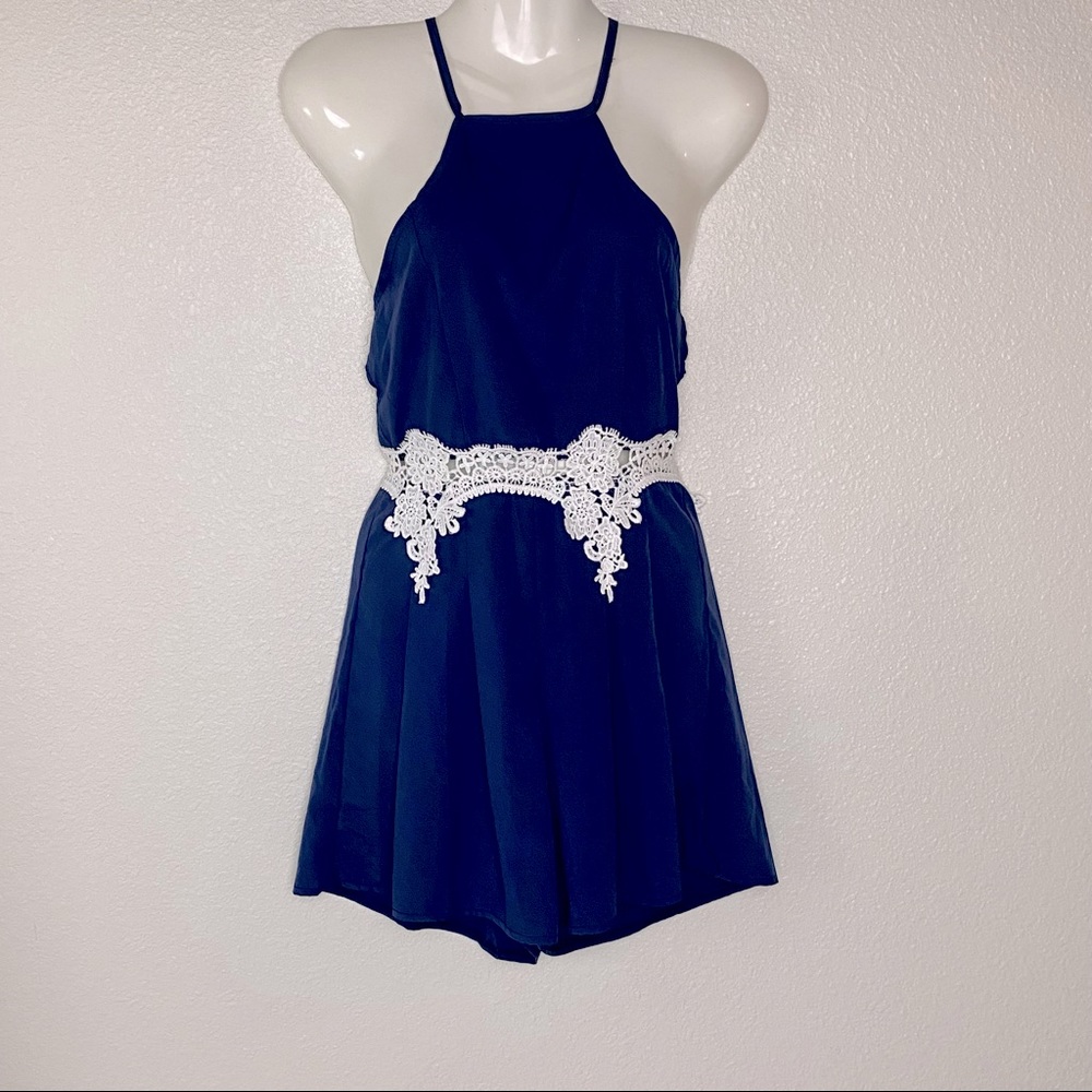 Navy Blue Lace Midsection Cage Back Romper